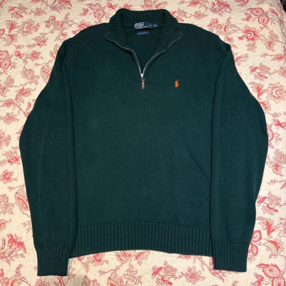 Beautiful Polo Ralph Lauren Pima Cotton Forest Green Half Zip Sweater